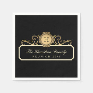 Elegant Family Reunion Gold Monogram Black Napkin
