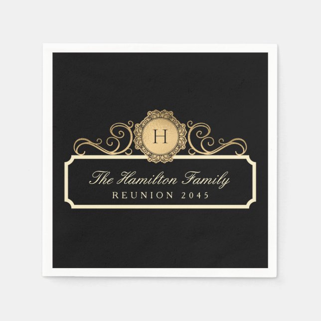 Elegant Family Reunion Gold Monogram Black Napkin (Front)