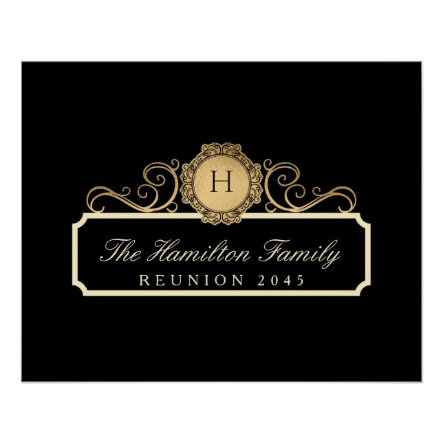 Elegant Family Reunion Gold Monogram Black Poster (Front)
