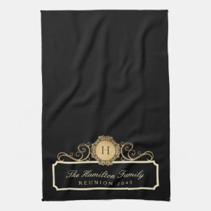 Elegant Family Reunion Gold Monogram Black Tea Towel