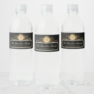 Elegant Family Reunion Gold Monogram Black Water Bottle Label