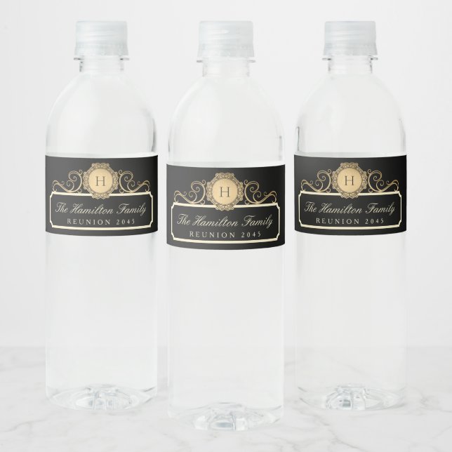 Elegant Family Reunion Gold Monogram Black Water Bottle Label (Bottles)