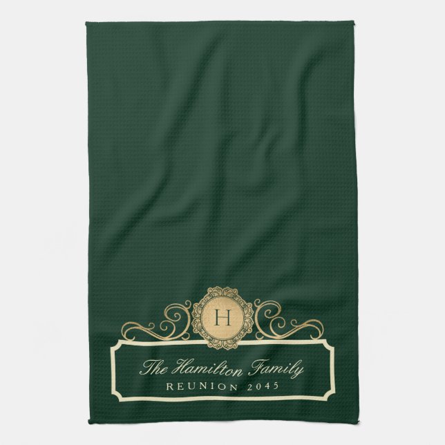 Elegant Family Reunion Gold Monogram Green Tea Towel (Vertical)