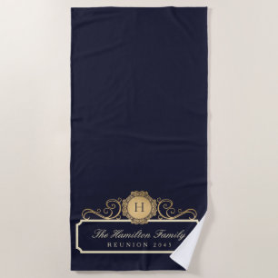 Elegant Family Reunion Gold Monogram Navy Beach Towel
