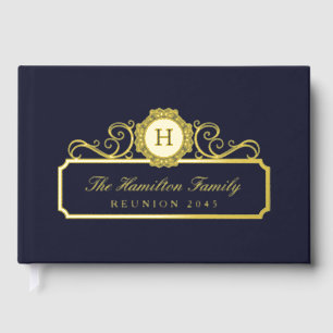 Elegant Family Reunion Gold Monogram Navy Blue Guest Book