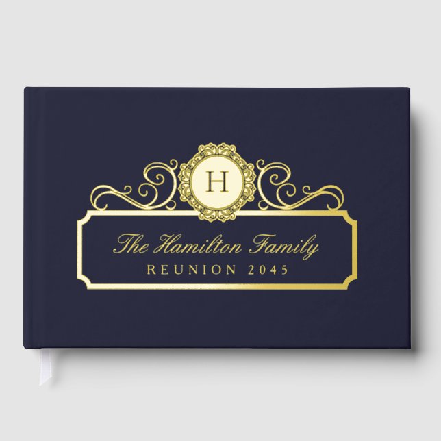 Elegant Family Reunion Gold Monogram Navy Blue Guest Book (Front)