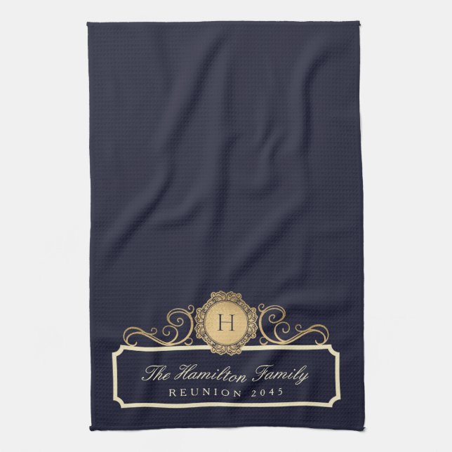 Elegant Family Reunion Gold Monogram Navy Tea Towel (Vertical)