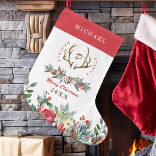 Elegant family seasonal rustic monogrammed large christmas stocking