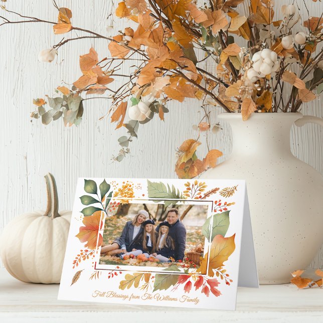 Elegant Family Thanksgiving Photo Fall Leaves Holiday Card (Creator Uploaded)