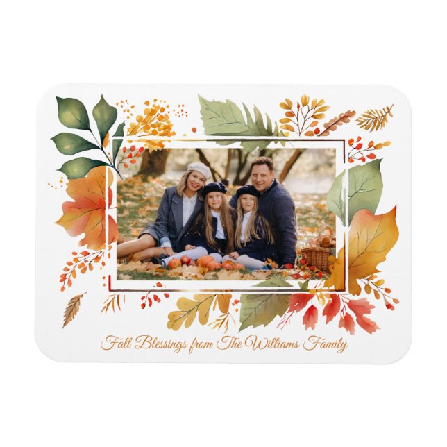Elegant Family Thanksgiving Photo Fall Leaves Magnet (Horizontal)
