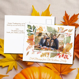 Elegant Family Thanksgiving Photo Fall Leaves Postcard
