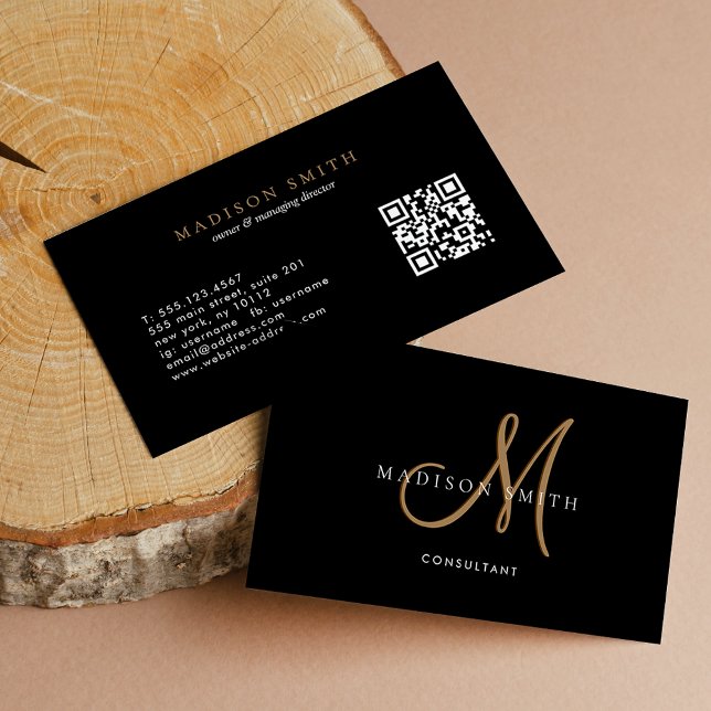 Elegant Fancy Black Gold Script Monogram QR Code Business Card (Creator Uploaded)