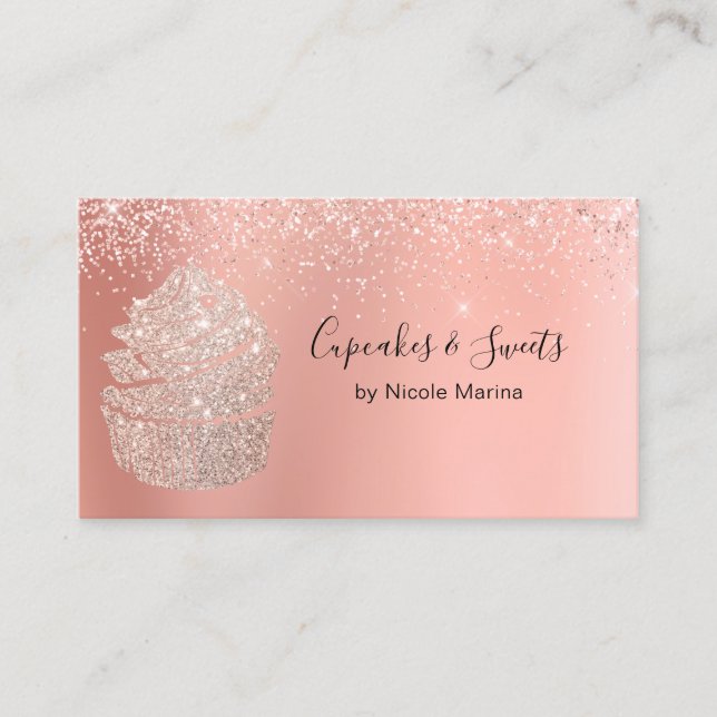 Elegant Fancy Faux Rose Gold Cupcake Sweets Bakery Business Card (Front)
