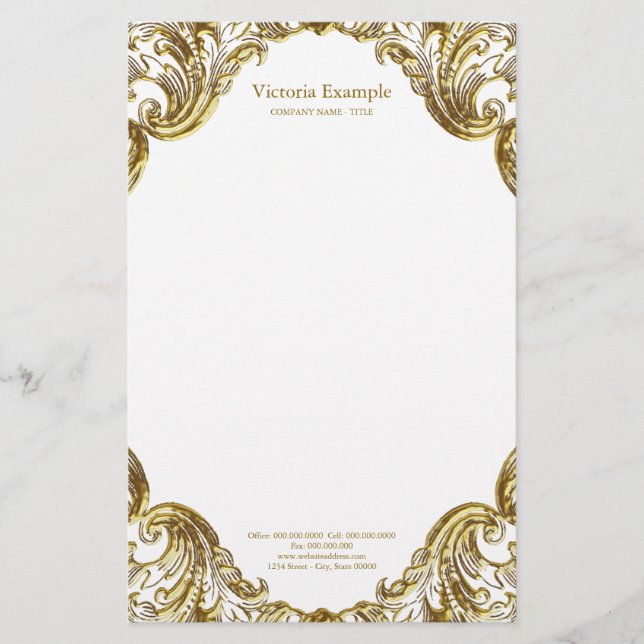 Elegant Fancy Gold Swirl Stationery (Front)