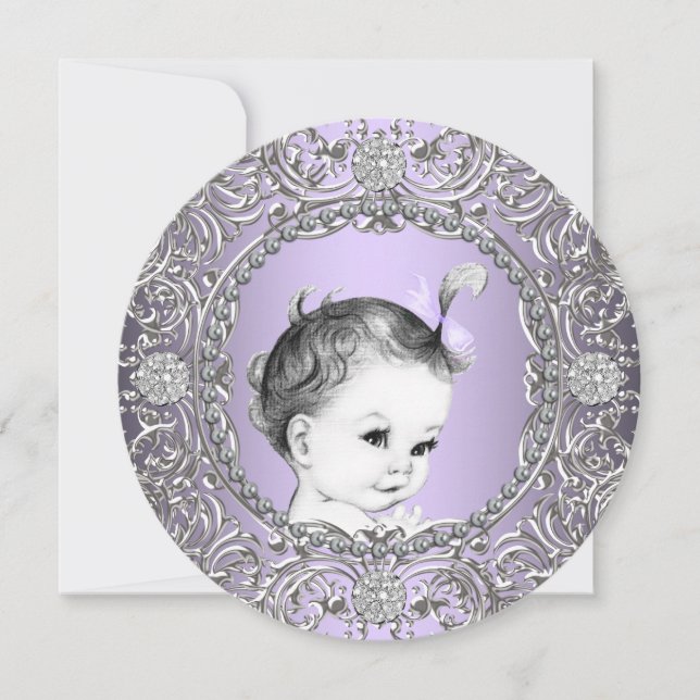 Elegant Fancy Purple and Silver Baby Girl Shower Invitation (Front)
