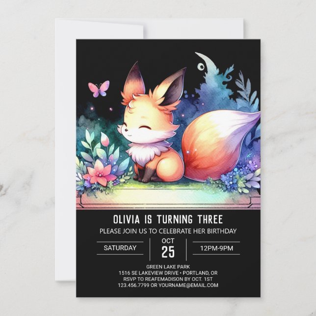 Elegant Fantasy Fox Birthday digital Invitation (Front)
