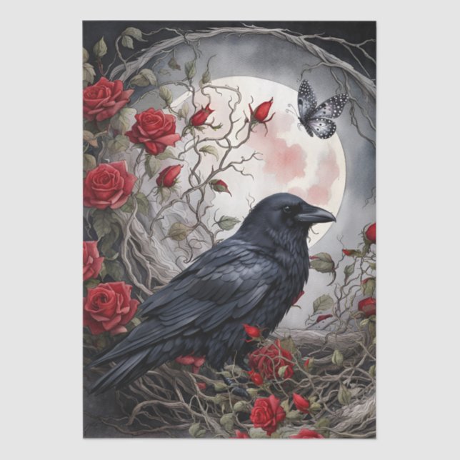 Elegant Fantasy Moon, Raven & Red Roses  Tissue Paper (Front)