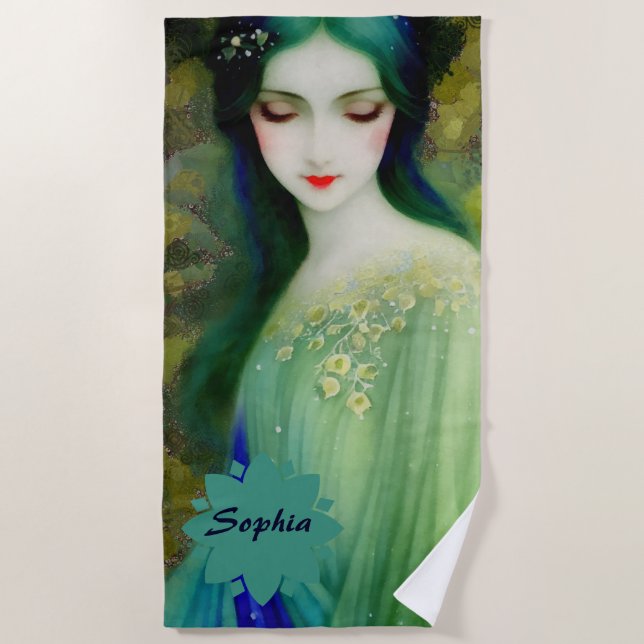 Elegant Fantasy Woman Portrait in Green and Blue Beach Towel (Front)