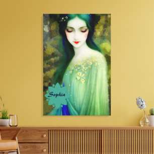 Elegant Fantasy Woman Portrait in Green and Blue Canvas Print