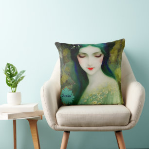 Elegant Fantasy Woman Portrait in Green and Blue Cushion