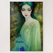 Elegant Fantasy Woman Portrait in Green and Blue