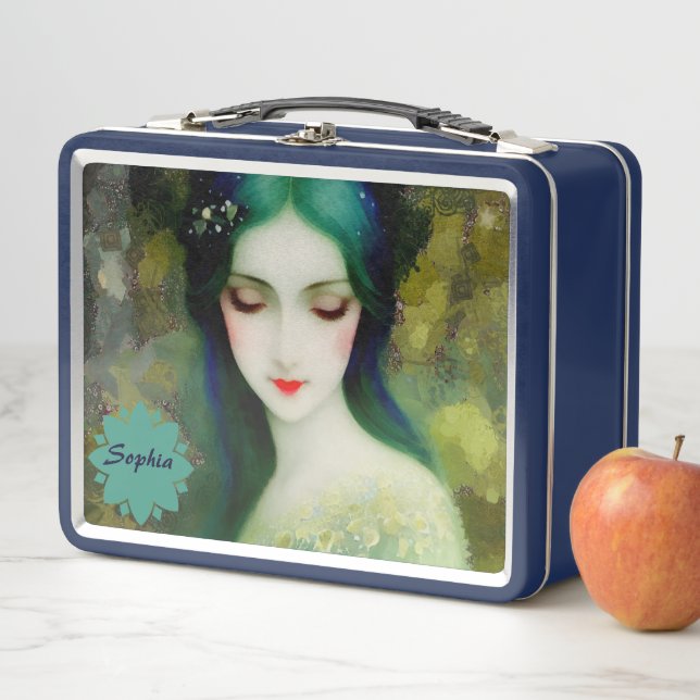 Elegant Fantasy Woman Portrait in Green and Blue Metal Lunch Box (In Situ)