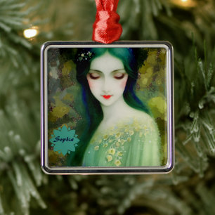 Elegant Fantasy Woman Portrait in Green and Blue Metal Tree Decoration