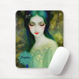 Elegant Fantasy Woman Portrait in Green and Blue Mouse Mat