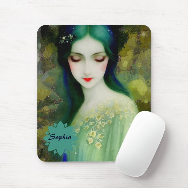 Elegant Fantasy Woman Portrait in Green and Blue Mouse Mat (With Mouse)