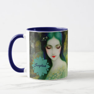 Elegant Fantasy Woman Portrait in Green and Blue Mug