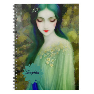 Elegant Fantasy Woman Portrait in Green and Blue Notebook