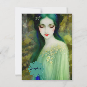 Elegant Fantasy Woman Portrait in Green and Blue Postcard