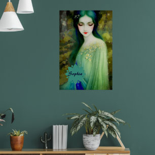 Elegant Fantasy Woman Portrait in Green and Blue Poster