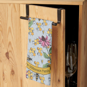 Elegant Farmhouse Bee & Honeycomb Family Name Tea Towel