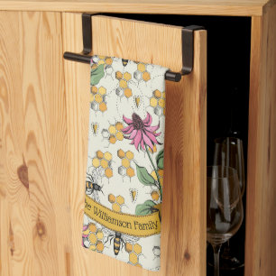 Elegant Farmhouse Bee & Honeycomb Family Name Tea Towel