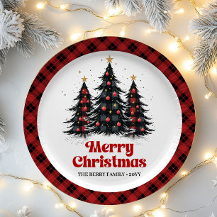 Elegant Farmhouse Plaid Tree Holiday Paper Plates