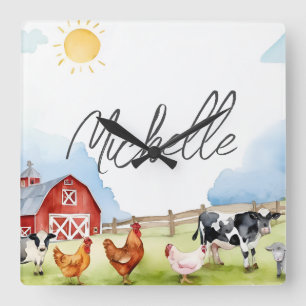 Elegant Farmhouse Red Barnyard Farm Animal  Custom Square Wall Clock