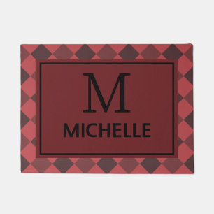 Elegant Farmhouse Red Buffalo Plaid Monogrammed Doormat