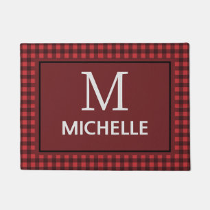 Elegant Farmhouse Red Buffalo Plaid Monogrammed Doormat
