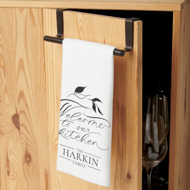 Elegant Farmhouse Style Family Name Personalised Tea Towel (Thirds Fold)