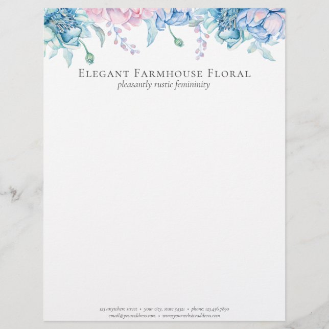 Elegant Farmhouse Watercolor Floral Peony Custom Letterhead (Front)