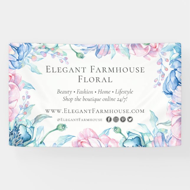 Elegant Farmhouse Watercolor Floral Peony Flowers Banner (Horizontal)
