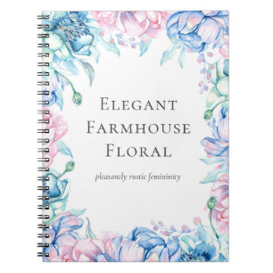 Elegant Farmhouse Watercolor Floral Peony Flowers Notebook