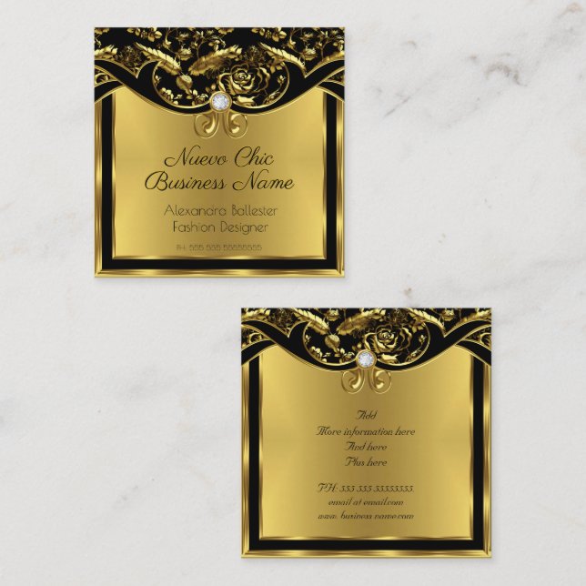 Elegant Fashion Gold Black Damask Floral Square Business Card (Front/Back)