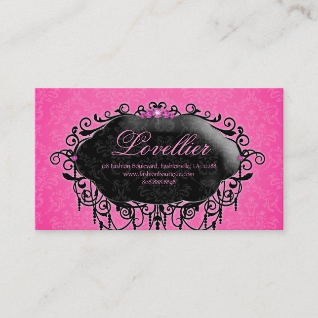Elegant Fashion Jewellery Pink Black Damask Business Card (Front)