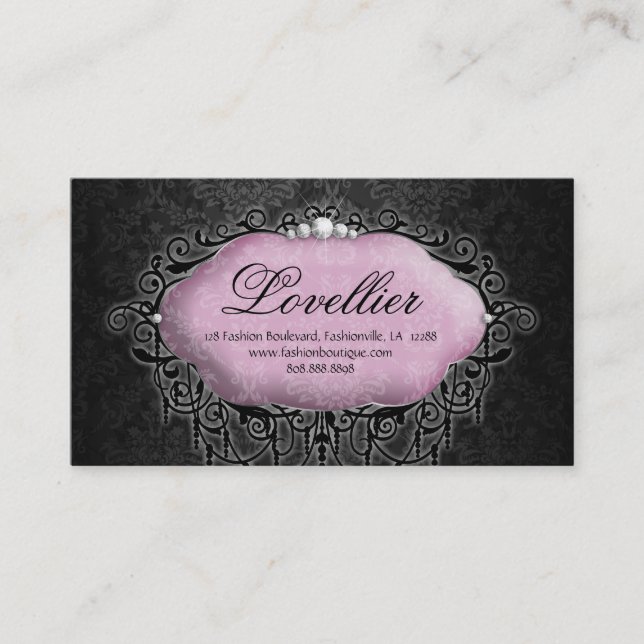 Elegant Fashion Jewellery Pink Grey Damask Business Card (Front)