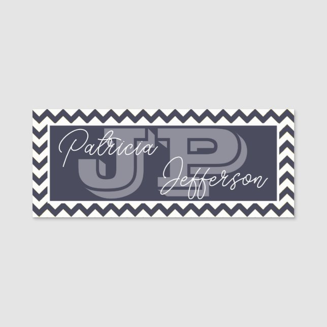 Elegant Fashionable Dark Blue Chevron: Monogrammed Name Tag (Front)
