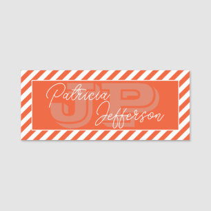 Elegant Fashionable Orange White Striped: Monogram Name Tag