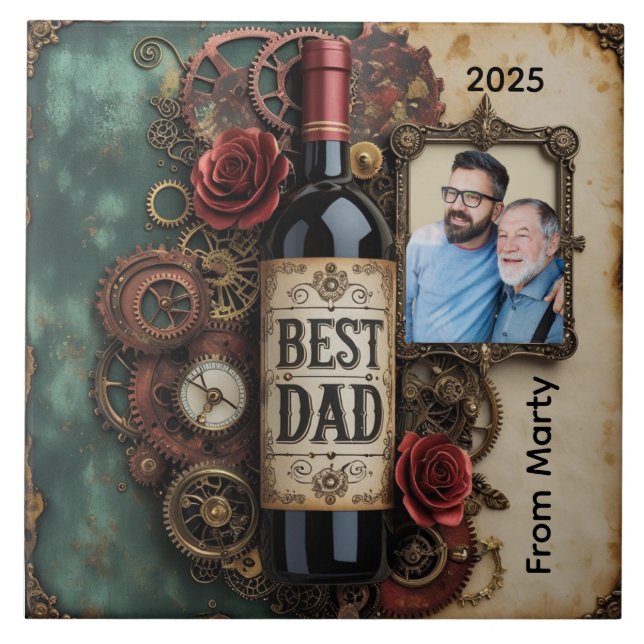 Elegant Father’s Day Steampunk Bottle and Gears Tile (Front)