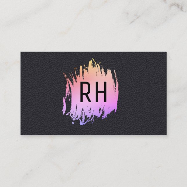Elegant Faux Black Leather Brushed Colour Monogram Business Card (Front)